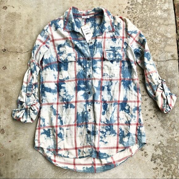 Splendid Casta plaid shirt roll tan button up S - Picture 2 of 5